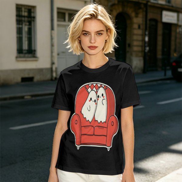 Olive T-Shirt with Cute Ghosts on Red Armchair Graphic