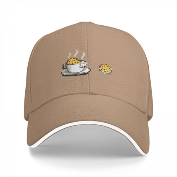Black Baseball Cap with Coffee and Cookie Graphic Design