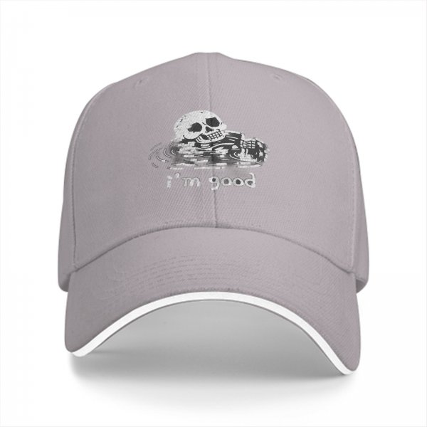 Black baseball cap with skull graphic and 'i'm good' text