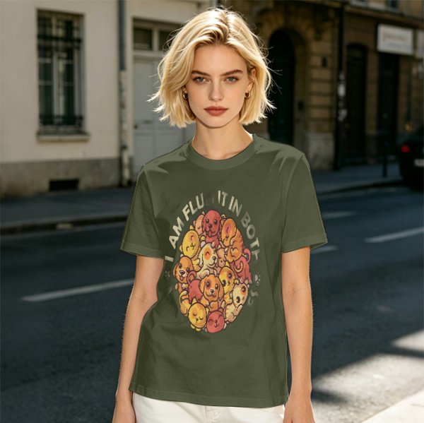 Olive t-shirt with cute puppy pile graphic and playful text
