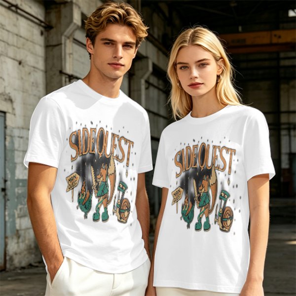Olive t-shirt with Side Quest fantasy adventure graphic print