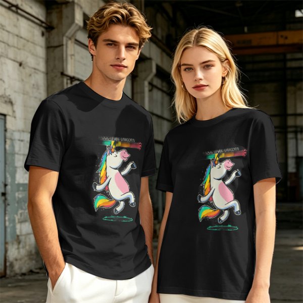 Olive T-shirt with Dancing Rainbow Unicorn Graphic Print