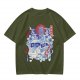 Olive green t-shirt with cat bus and Japanese traditional art print