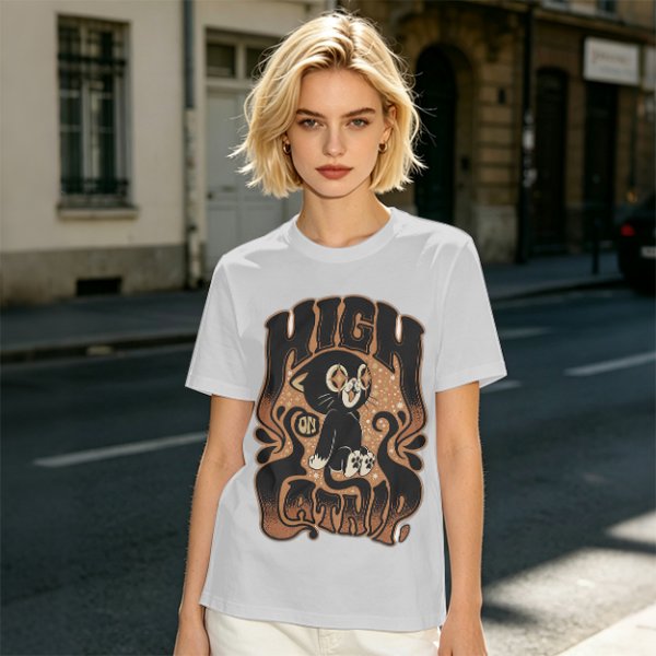 Olive green graphic t-shirt with a high on catip black cat print