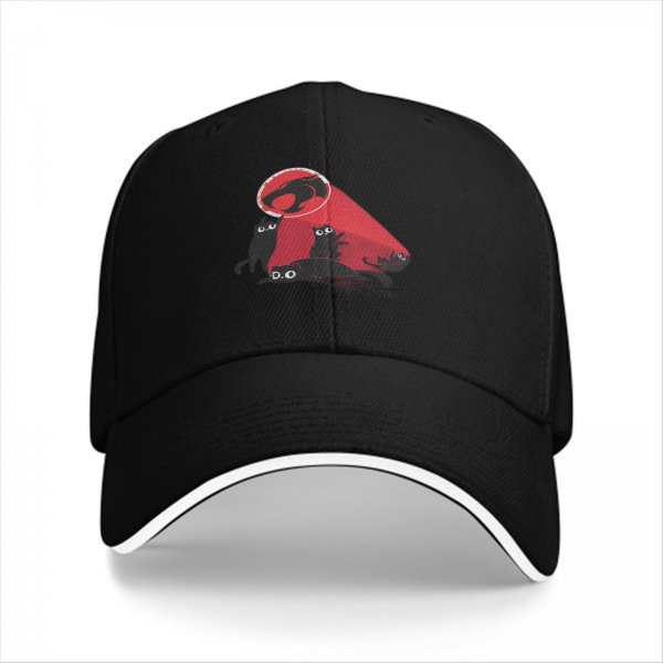 Black Baseball Cap With Playful Black Cat Red Thunder Cat Logo Print