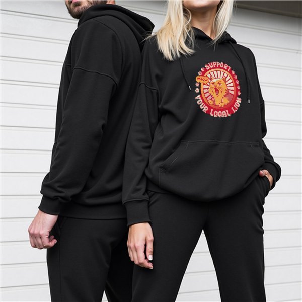 Black hoodie with 'Support Your Local Lion' cat graphic
