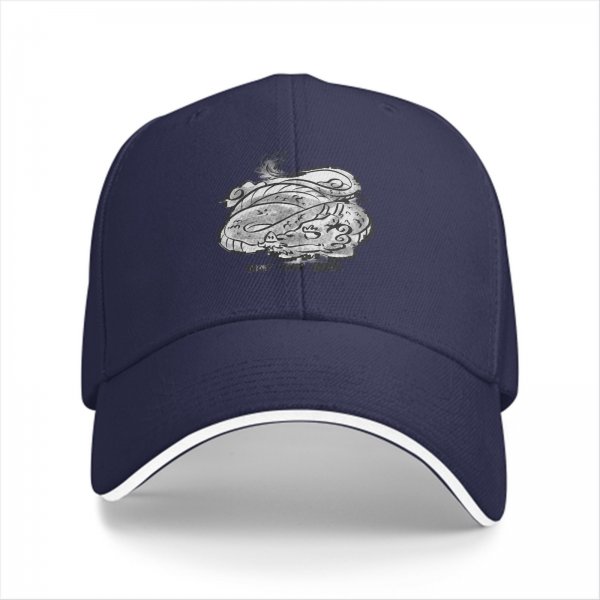 Black Baseball Cap With White Swirling Dragon Artwork