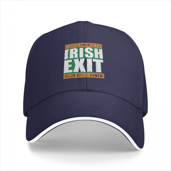 Black baseball cap with 'Please Excuse My Irish Exit Zero Byes Given' print