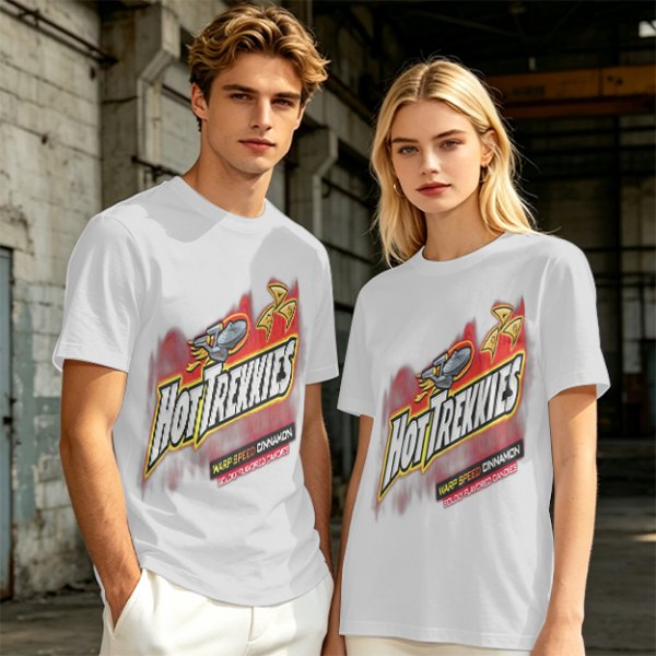 Olive green graphic t-shirt with Hot Trekkies Star Trek themed print