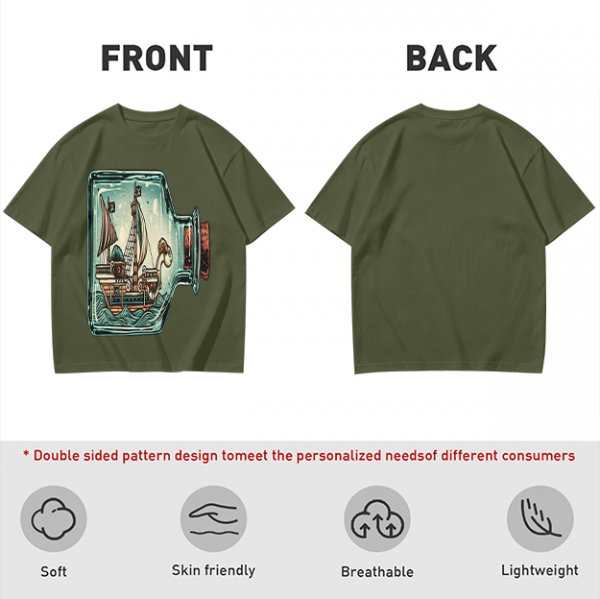 Olive T-Shirt With Pirate Ship In Glass Jar Artwork