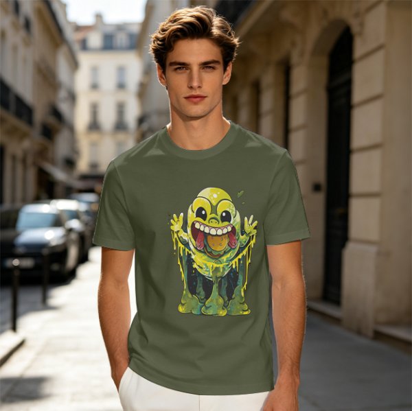 Olive T-Shirt With Playful Green Slime Monster Graphic
