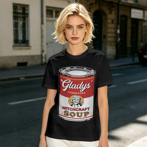 Olive T-Shirt With Gladys' Witchcraft Soup Can Graphic