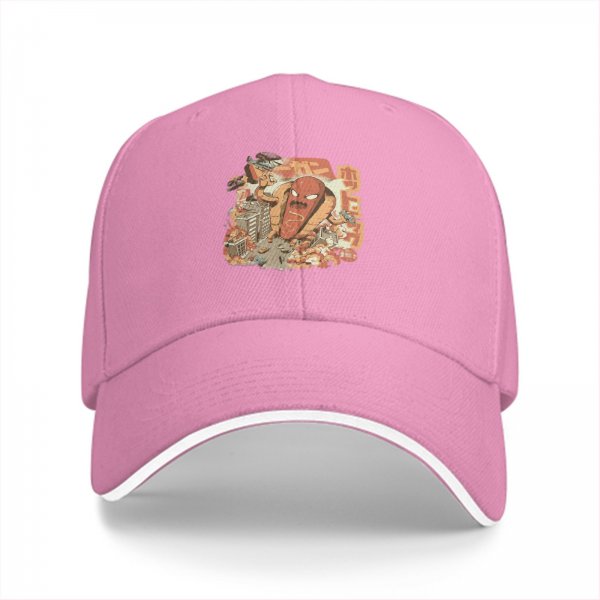 Black baseball cap with giant hot kaiju destroying city graphic