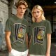 Olive T-Shirt with Retro Uno Wild Draw Four Card Graphic