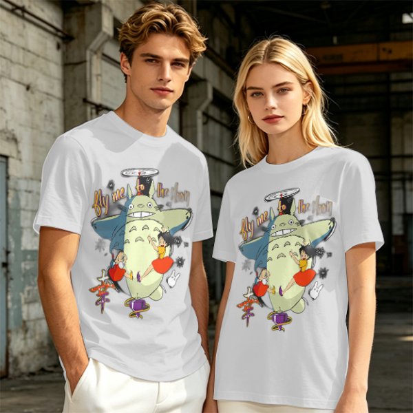 Totoro and Girls Fly Me To The Moon Graphic T-Shirt Design