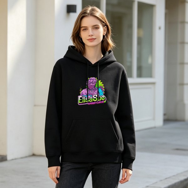 Black graphic hoodie with ElisaSue neon art print
