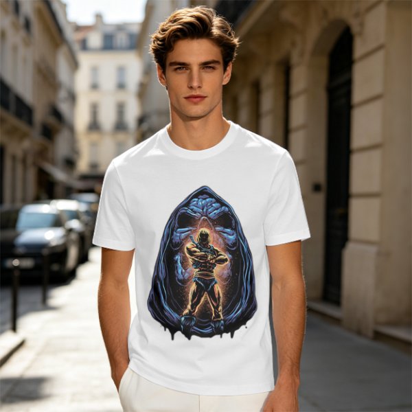 Olive T-Shirt with Muscular Hero Emerging from Hooded Figure Art