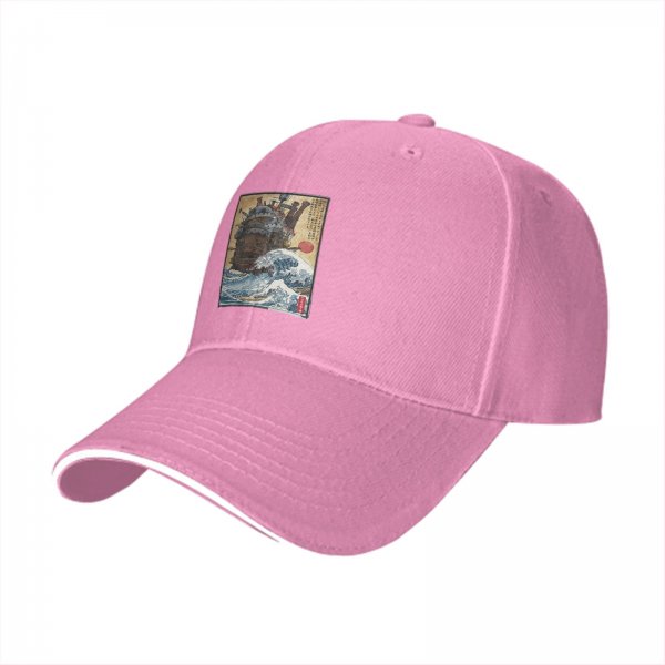 Black Baseball Cap with Japanese Wave and Ship Art Print