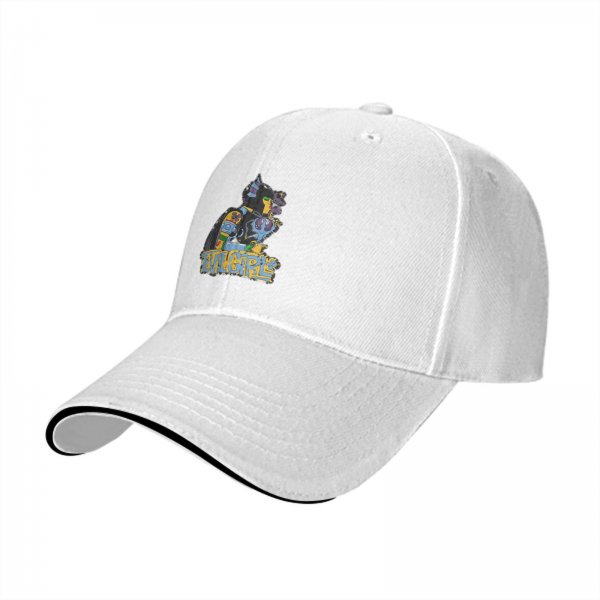 Black baseball cap with colorful cat graphic and Evil Girls text