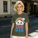 Olive T-Shirt With Cute Cloud Rainbow Graphic And 'We're All Gonna Die' Text