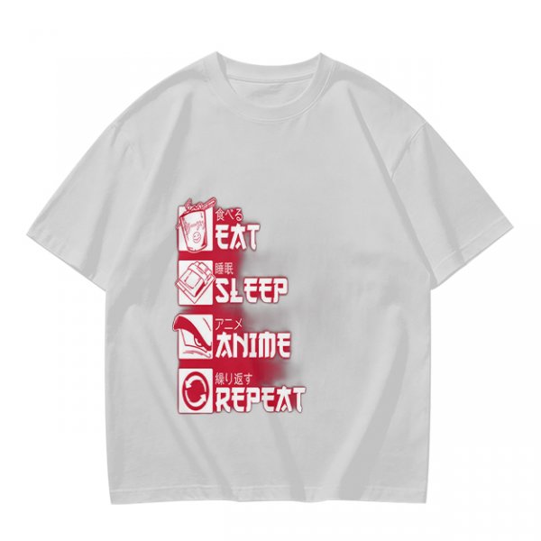 Oversized Olive Anime Themed T-Shirt With Eat Sleep Anime Repeat Print