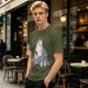 Olive T-shirt with whimsical forest spirit and children graphic print