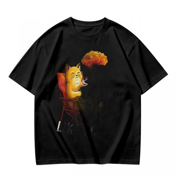 Olive T-Shirt Featuring a Relaxed Cat on a Chair with Fried Chicken Print
