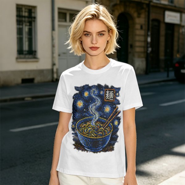 Olive t-shirt with starry night ramen bowl graphic