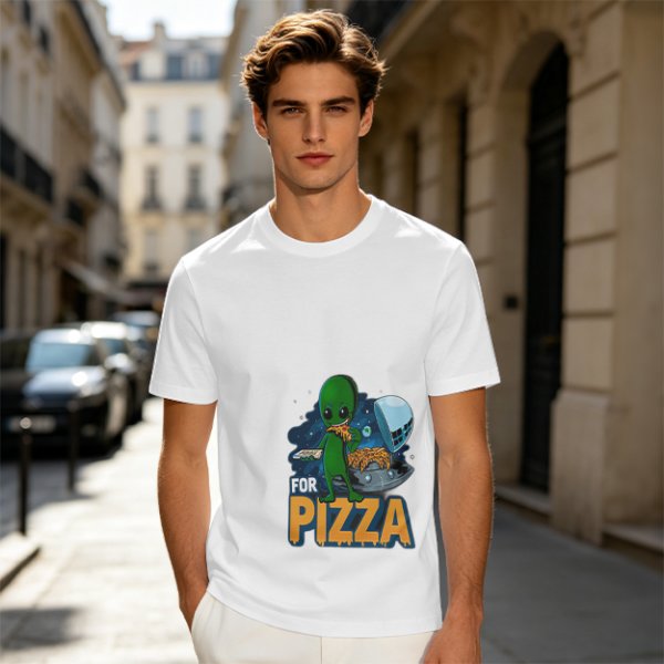 Olive Green T-Shirt with Alien Eating Pizza UFO Graphic
