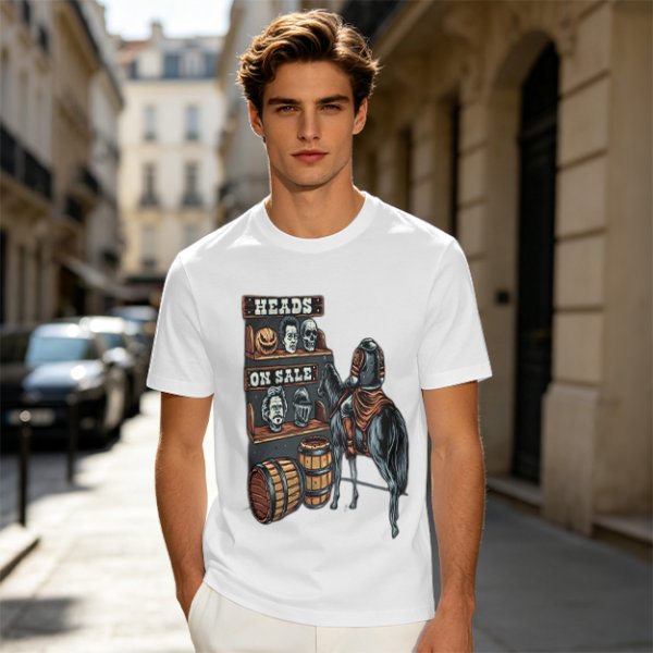 Heads On Sale Graphic Tee With Head Shelf And Horseman Art