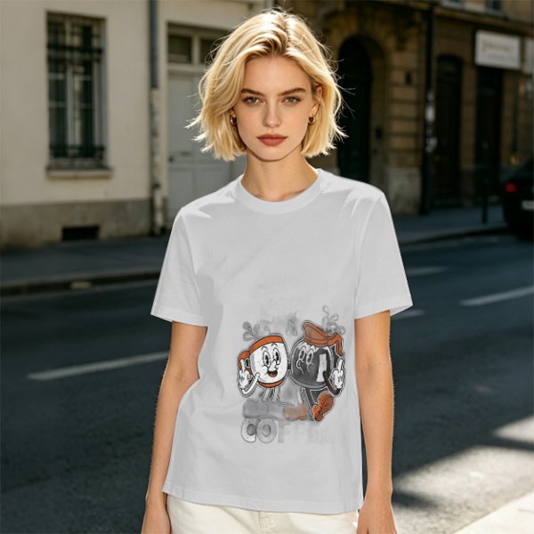 Olive T-Shirt with Retro Cartoon Coffee Cup Characters Graphic