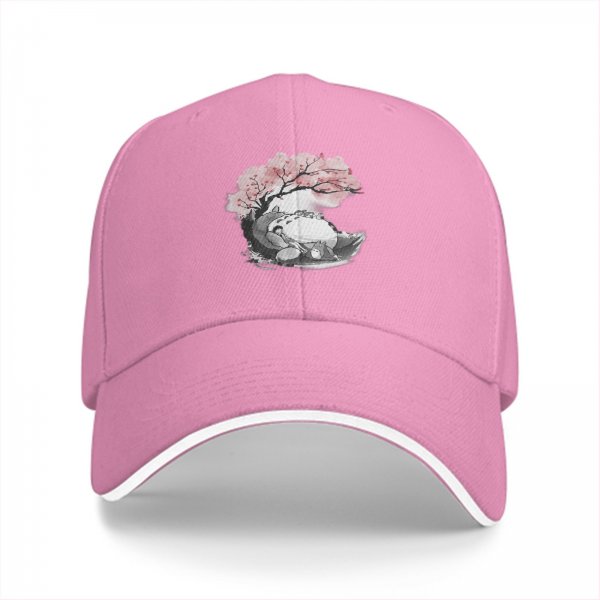 Black baseball cap with Totoro under cherry blossom tree print