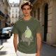 Olive T-shirt with whimsical forest spirit and small animal graphic print
