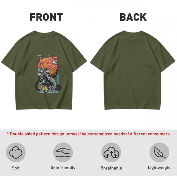 Olive T-Shirt with Japanese Dragon and Sun Graphic Print