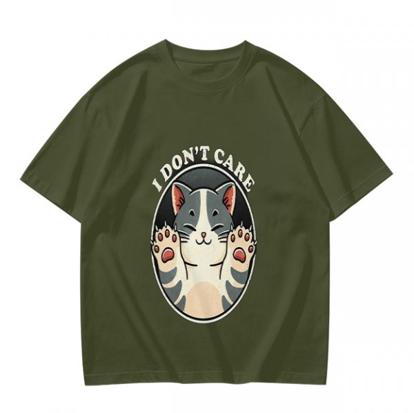 Olive T-shirt with I Don't Care Cat Graphic Print