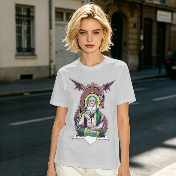 Olive T-Shirt With Meditating Wise Old Man And Dragon Art Print