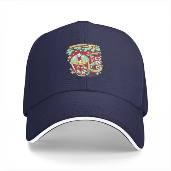 Black baseball cap with spooky drink graphic and Japanese text