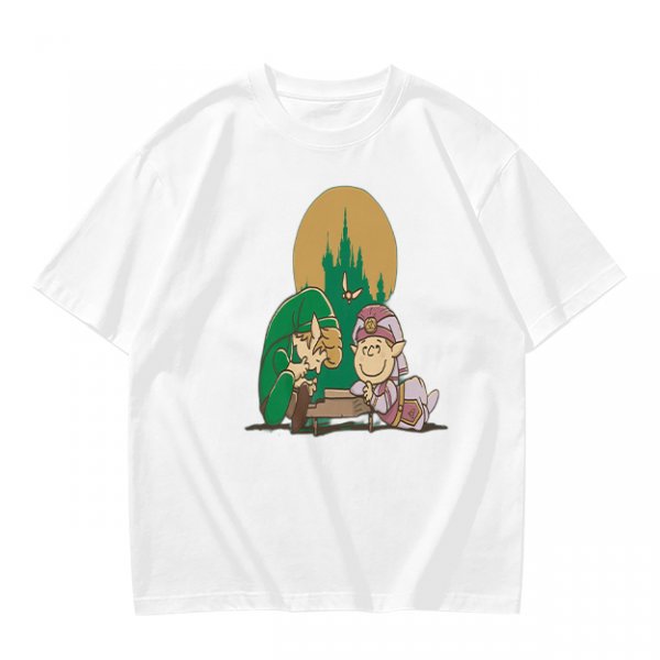 Olive Green T-Shirt With Zelda Themed Cartoon Characters Print