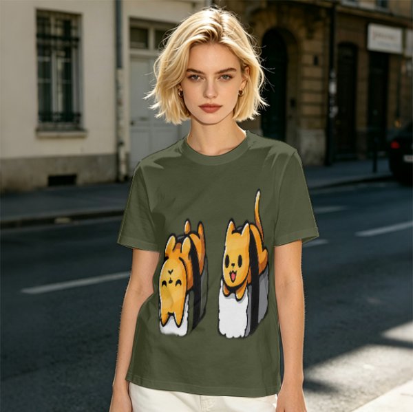 Olive T-shirt with cute sushi cat graphic print