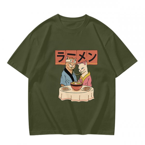 Olive T-Shirt With Cats Eating Ramen Japanese Art Print