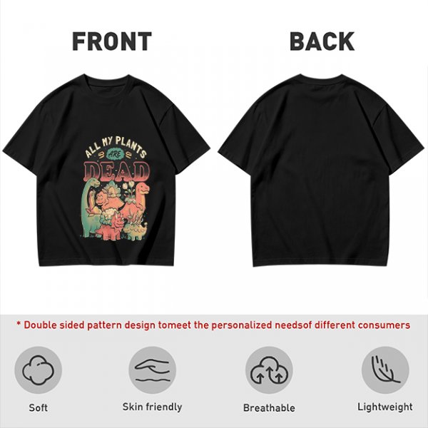 Olive graphic t-shirt with 'All My Plants Are Dead' dinosaur print