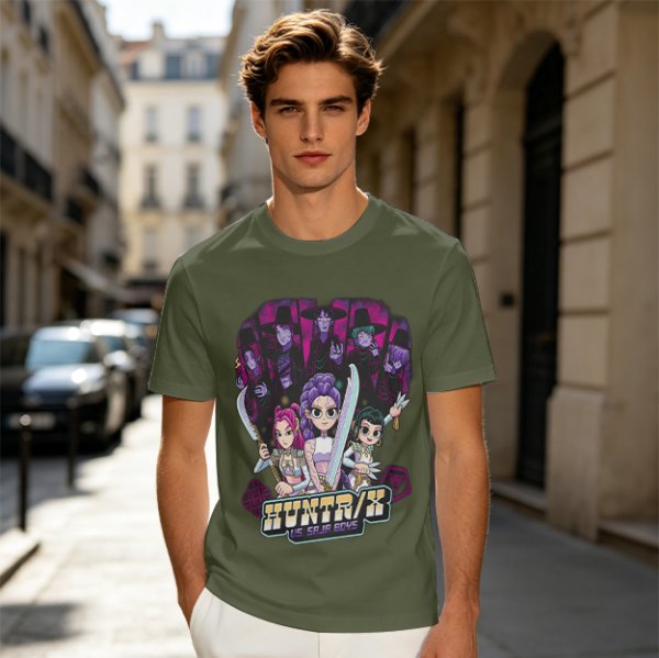 Olive Graphic Tee with Anime Hunter Characters and Huntr/X Text