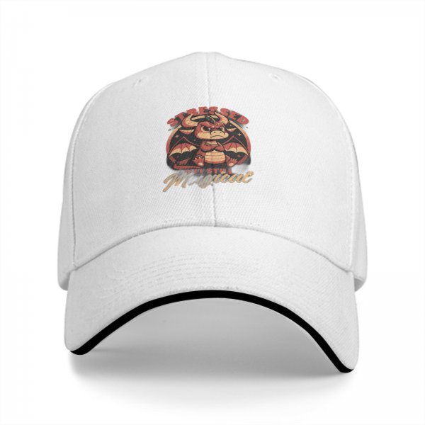 Black baseball cap with stressed but still magical grumpy dragon print