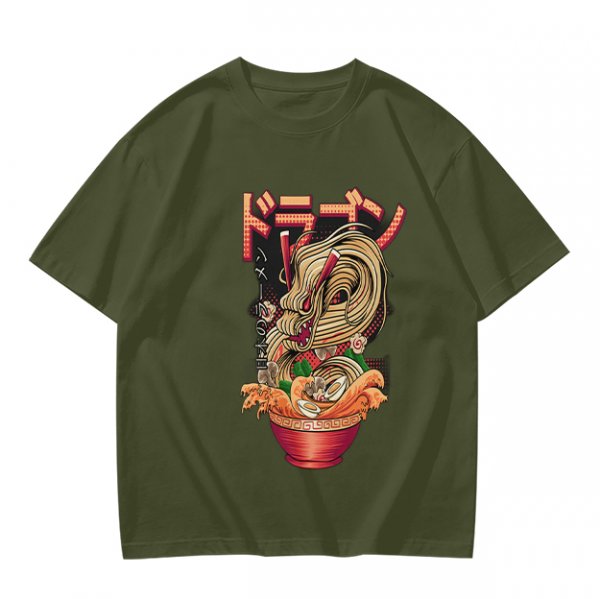 Olive T-Shirt with Japanese Ramen Dragon Graphic Print