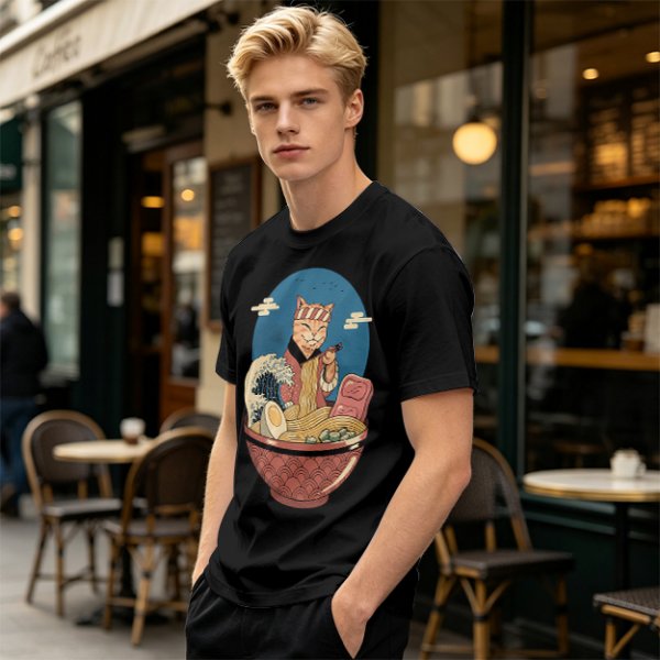 Cat Chef Eating Ramen in Great Wave Bowl T-Shirt