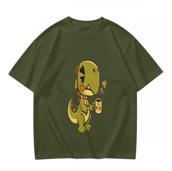 Olive T-shirt with a grumpy cartoon dinosaur holding a coffee mug