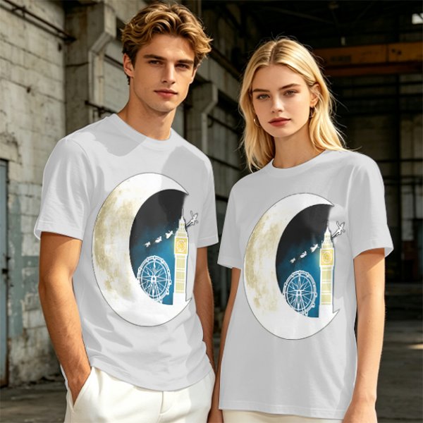 Olive T-Shirt with Crescent Moon London Skyline Flying Figures Print