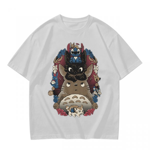 Olive T-Shirt with Stacked Anime Character Totem Print