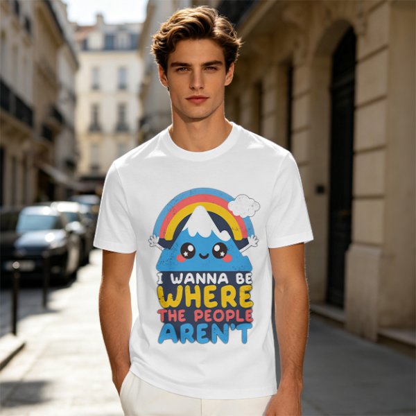 Olive graphic tee with cute mountain rainbow and 'I Wanna Be Where The People Aren't' text