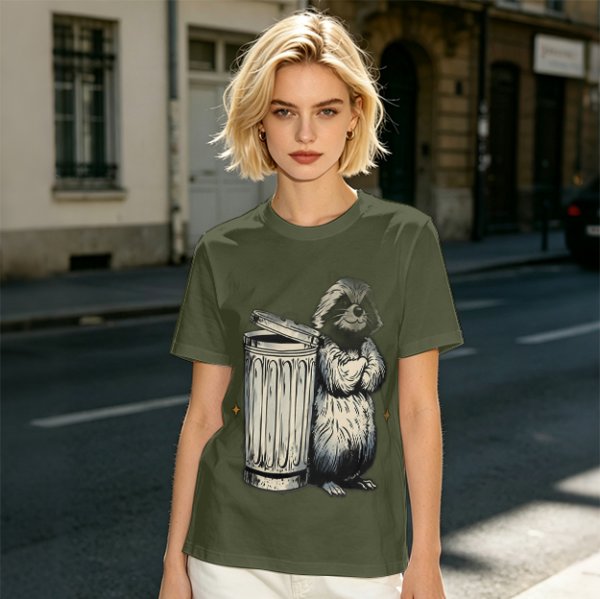 Olive Green T-Shirt With Raccoon Standing Next To Trash Can Graphic